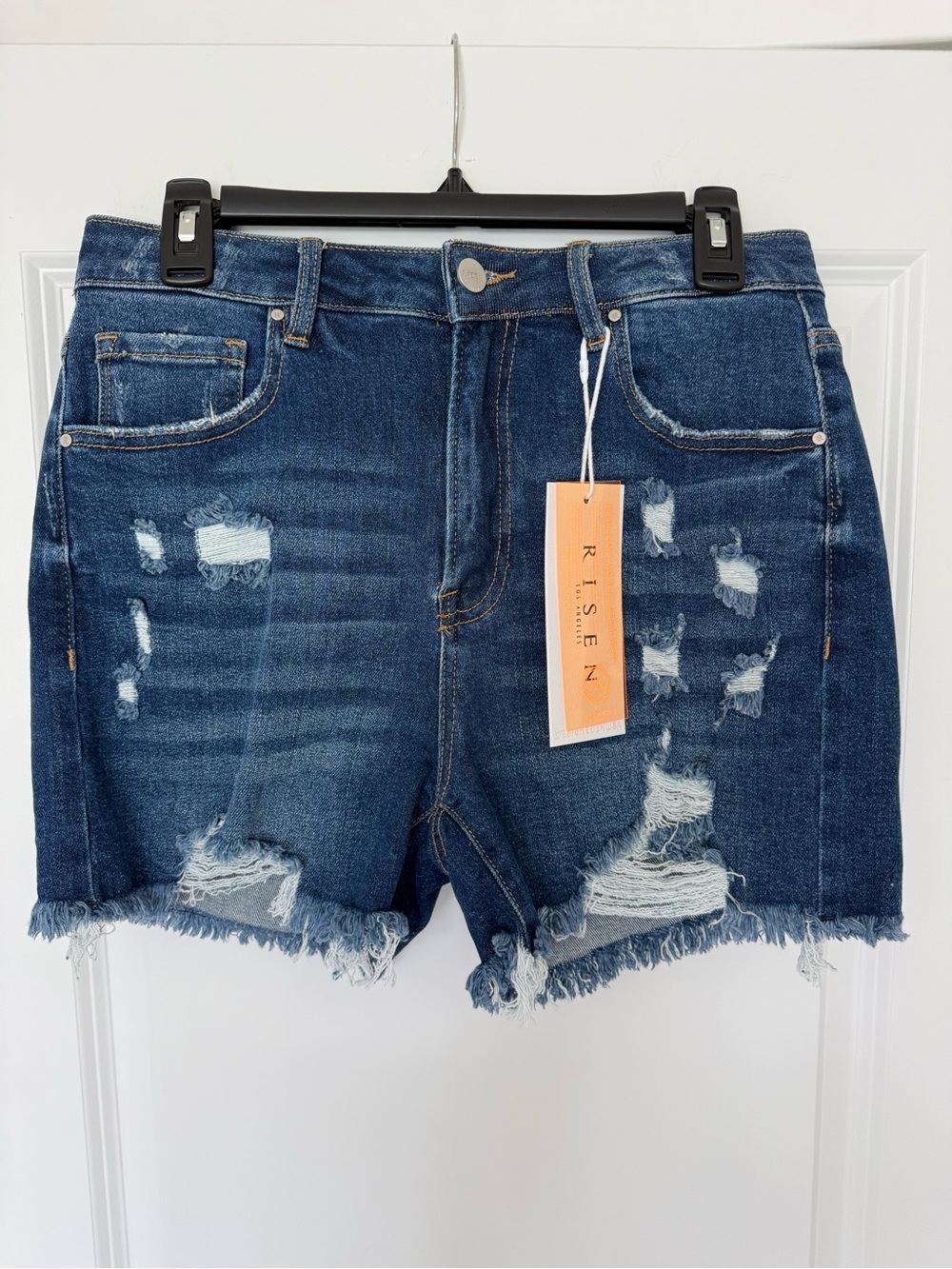 Risen Women's Dark Blue Distressed Frayed Hem Denim Shorts